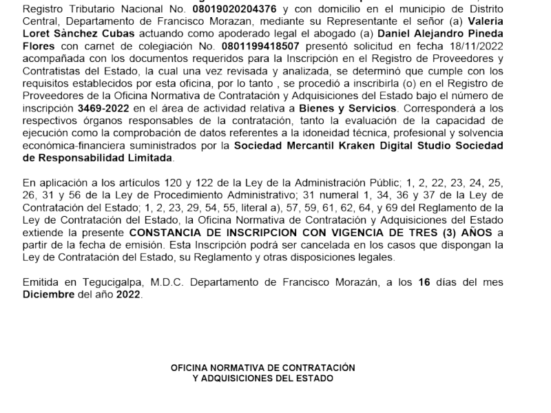 Constancia de inscripción de Kraken Digital Studio de Responsabilidad Limitada en ONCAE.