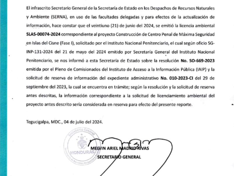 En el Portal de Transparencia del IAIP se compartió un documento de tres páginas en las que se mencionan todas las licencias ambientales aprobadas, pero en el caso de la cárcel en las Islas del Cisne no publicaron nada, solo una nota aclaratoria.