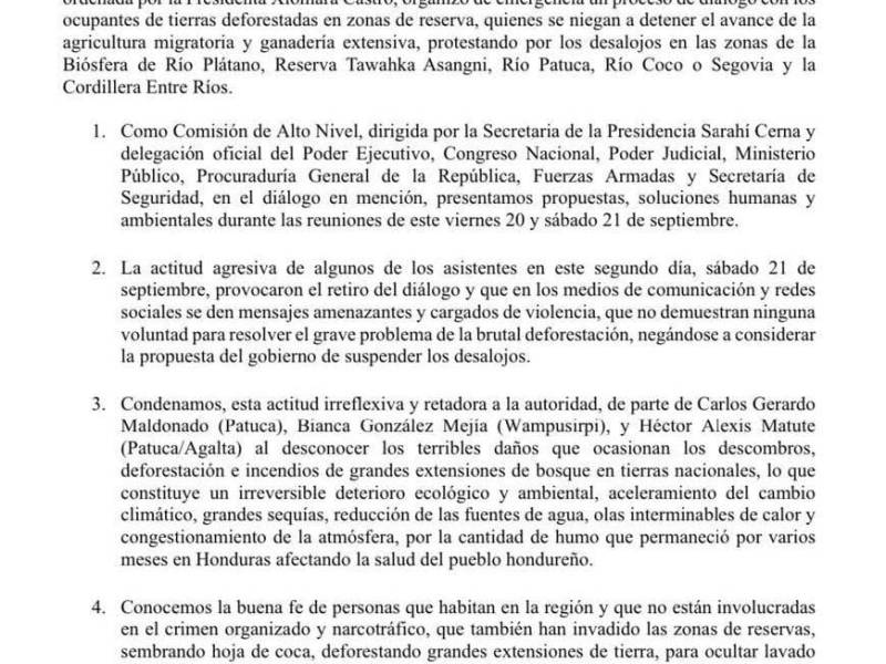 Comunicado íntegro en el cual afirman que las personas no están dispuestas a buscar soluciones.