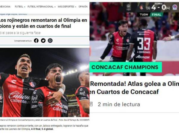 El Olimpia sufrió una de las noches más oscuras en toda su historia luego de caer goleado 4-0 ante el Atlas, resultado que le representó una dolorosa eliminación de la Champions de Concacaf tras haber ganado en la ida 4-1. La prensa mexicana destacó de esta forma el contundente triunfo de los rojinegros.