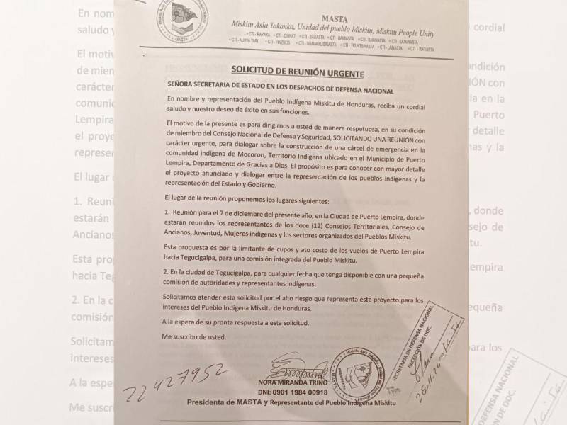 En un comunicado, la organización indígena Masta dijo que la construcción de la cárcel es de alto riesgo para su pueblo.