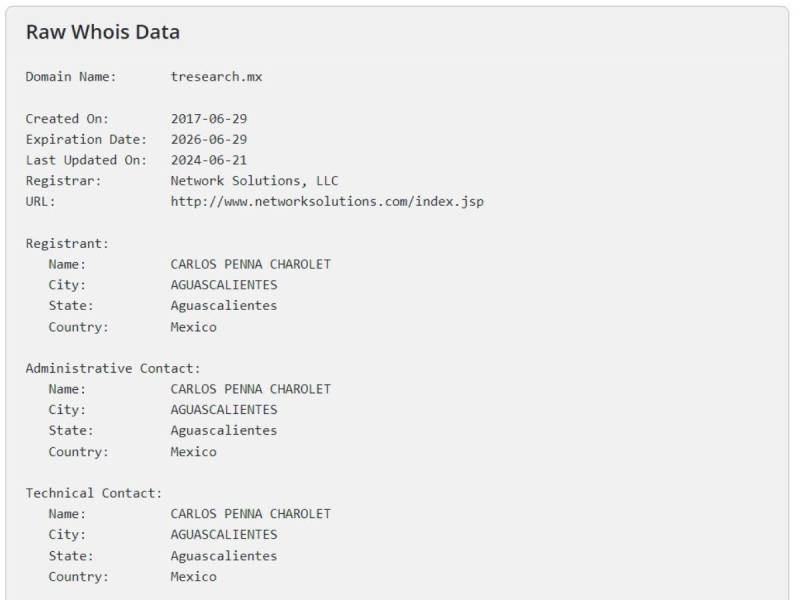 Resultados de who.is a la información del dominio de Tresearch.