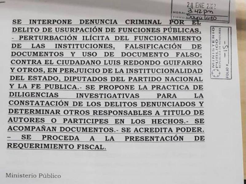 El documento presentado ante el Ministerio Público.