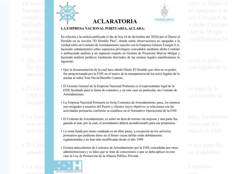 Esta es la primera parte del comunicado de la ENP, sobre el arrendamiento de un predio a Génesis Energías.