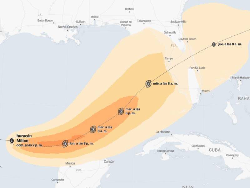Fechas posibles en las que estaría tocando tierra el huracán Milton.