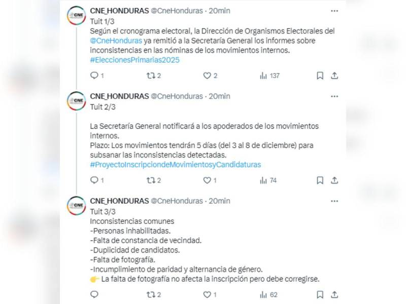 Captura de pantalla a un hilo del CNE hecha el 3 de diciembre de 2024 que fue borrada.