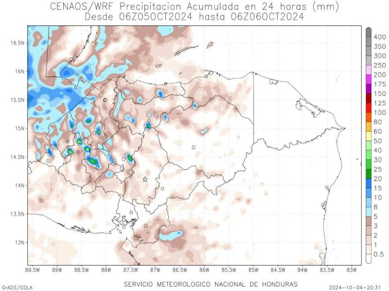 Mapa del Servicio Metererológico compartido por Copeco