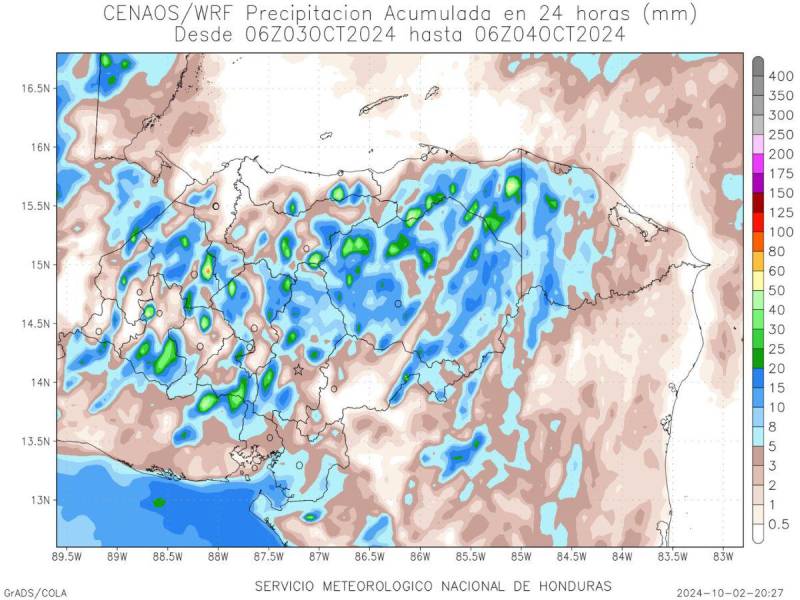 Mapa del Servicio Metererológico compartido por Copeco.