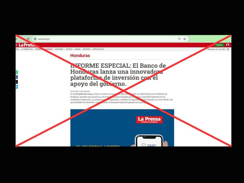 Captura de pantalla al sitio web que suplanta la identidad de LA PRENSA realizada el 4 de julio de 2024.