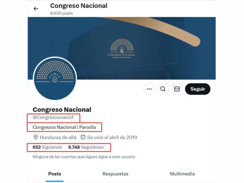 Captura de pantalla al perfil parodia del Congreso Nacional en X, realizada el 8 de enero de 2025.