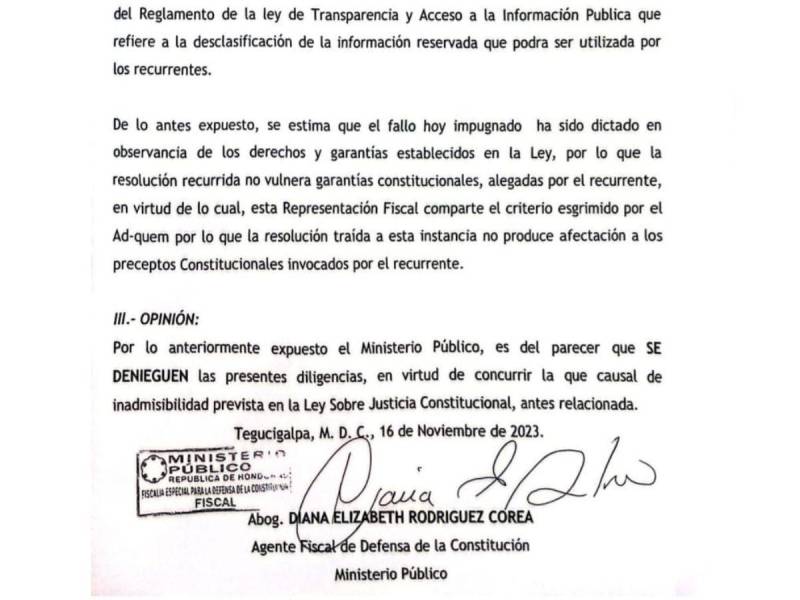 La Fiscalía de la Constitución opinó que resolución del IAIP no viola derechos, ni garantías.