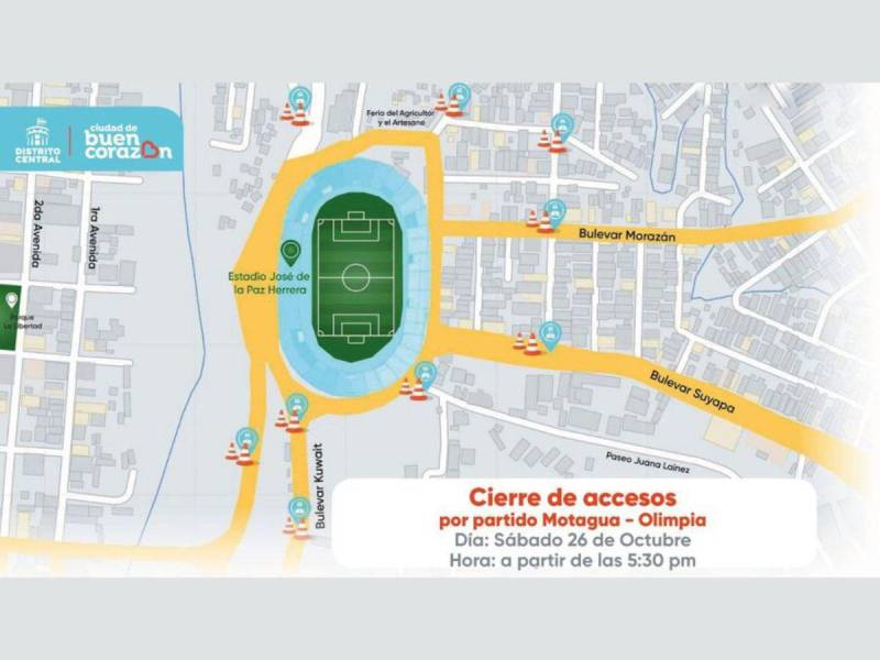 Calles que estarán cerradas en Tegucigalpa por el clásico Olimpia vs Motagua