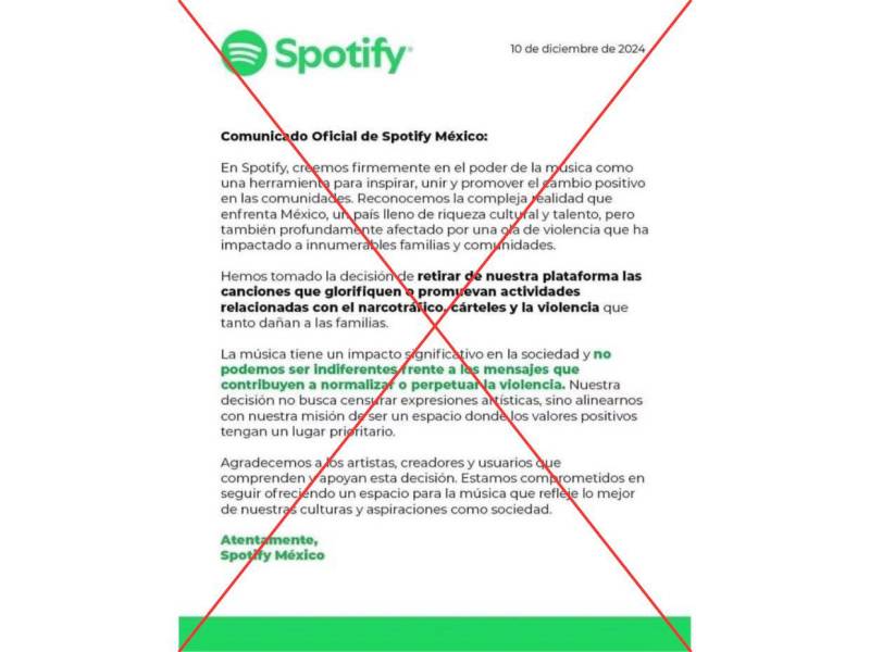 Captura de pantalla al supuesto comunicado de Spotify, hecha el 25 de diciembre de 2024.