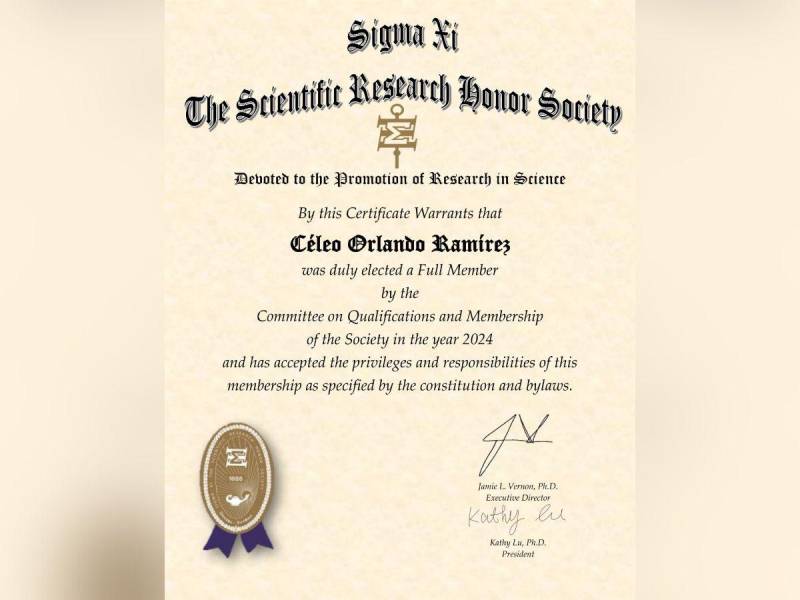 Este es el certificado que constata que el doctor Ramírez Portillo es miembro de la sociedad científica Sigma Xi.