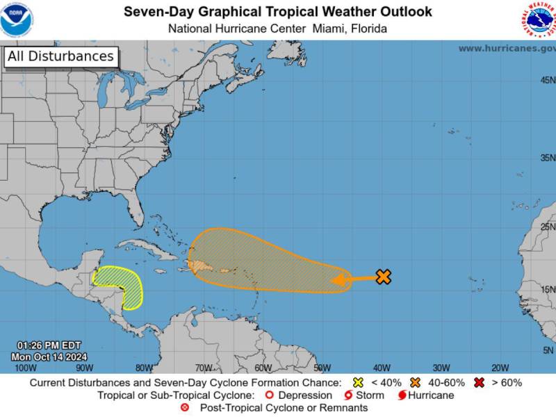 El Centro Nacional de Huracanes monitorea el sistema de baja presión en el Caribe y advierte que hay 20% de probabilidad que se convierta en un ciclón tropical en siete días.