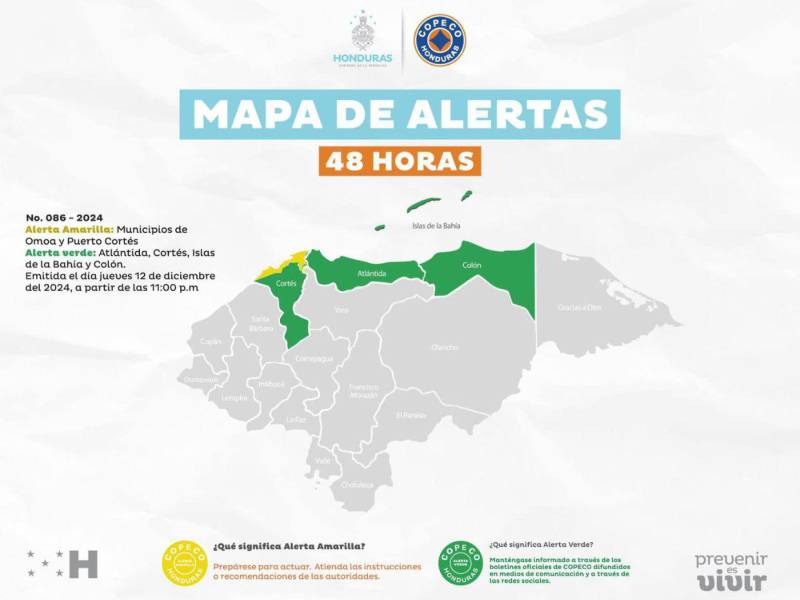 En alerta amarilla Omoa y Puerto Cortés; cuatro departamentos están en verde