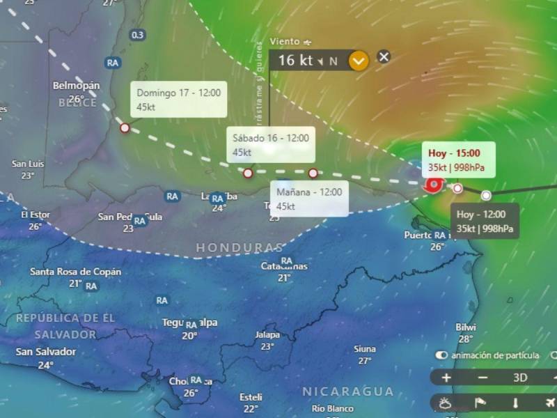 La trayectoria que muestra el Centro Nacional de Huracanes para la tormenta Sara.