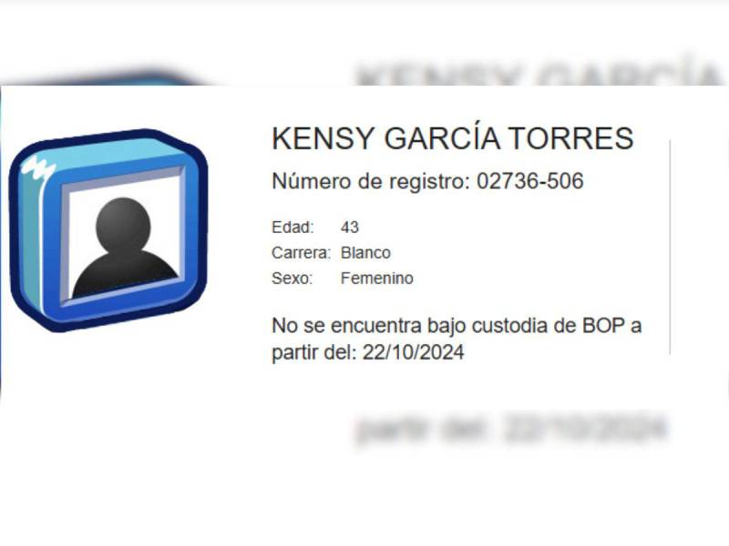 El registro del BOP reporta que Kensy García salió de prisión la semana pasada.