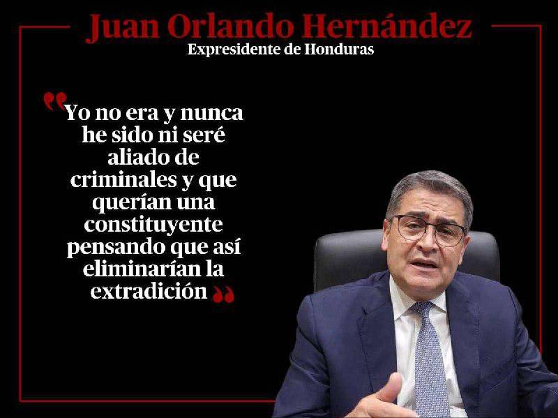 Defendiendo el tratado de extradición durante su gobierno y señalando nuevamente el narcovideo del exdiputado Carlos Zelaya, se pronunció el expresidente de Honduras (2014-2018 y 2018-2022) Juan Orlando Hernández, en una nueva carta enviada desde la cárcel. JOH reiteró la importancia del mecanismo y aseguró que con el narcovideo quedó demostrado los verdaderos “aliados” de los narcotraficantes. A continuación las frases.