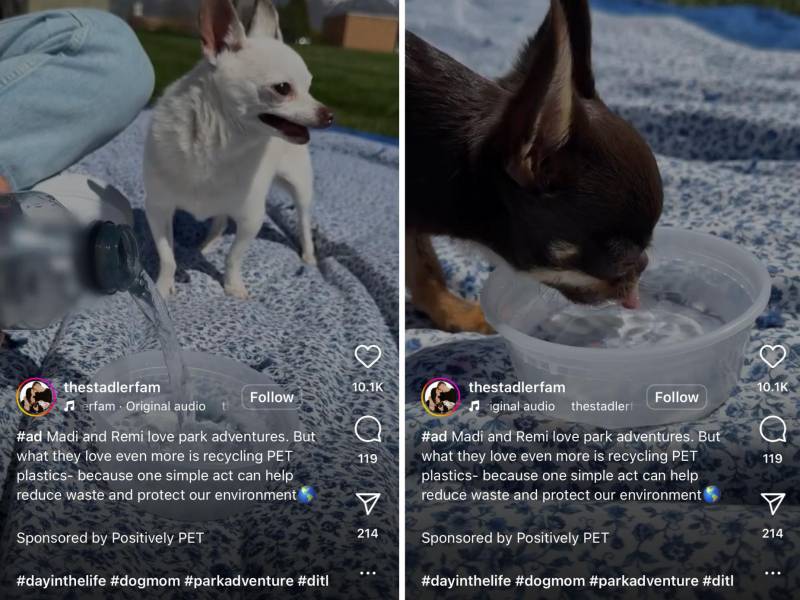 Ejemplos de videos en Instagram patrocinados por Positively PET, que está vinculado a la industria del plástico.