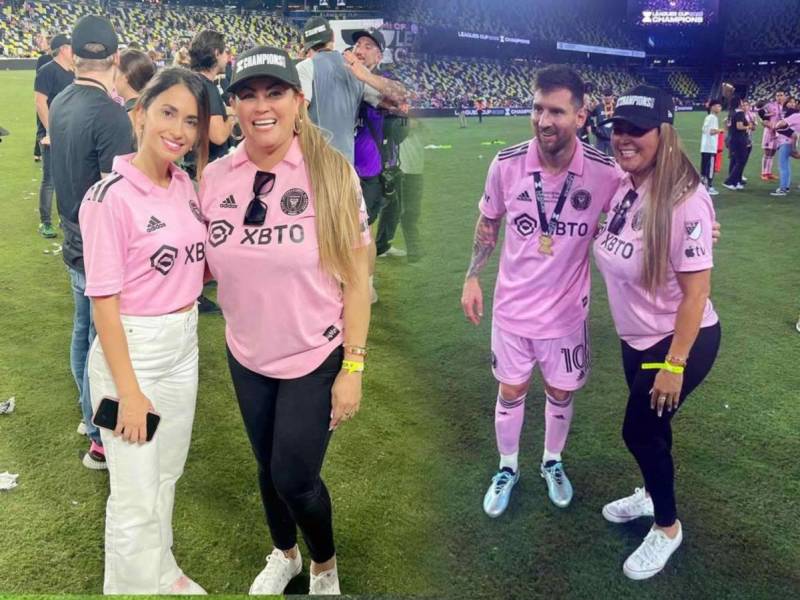 Doña Alba posando con Lionel Messi y su esposa.