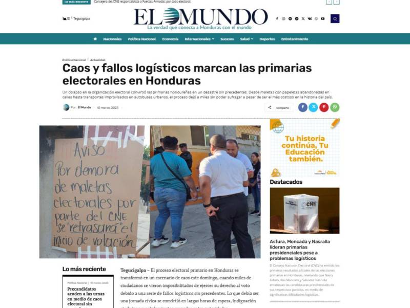 El país vivió un hecho casi “histórico” ante la entrega tardía de casi más de 10 horas de las maletas electorales, atrasando así el proceso de votación de los más de 5.8 hondureños habilitados, provocando el cierre de centros de votación, así como los infaltables intentos de fraude en las urnas. Así informaron los medios: