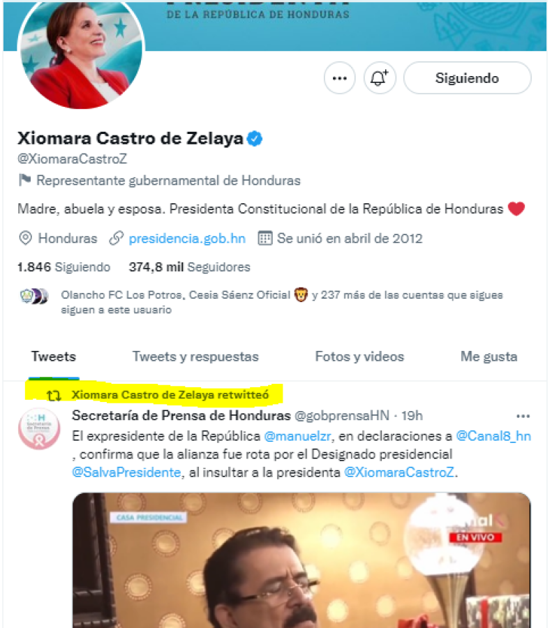 Una captura de la actividad en Twitter de la presidenta.