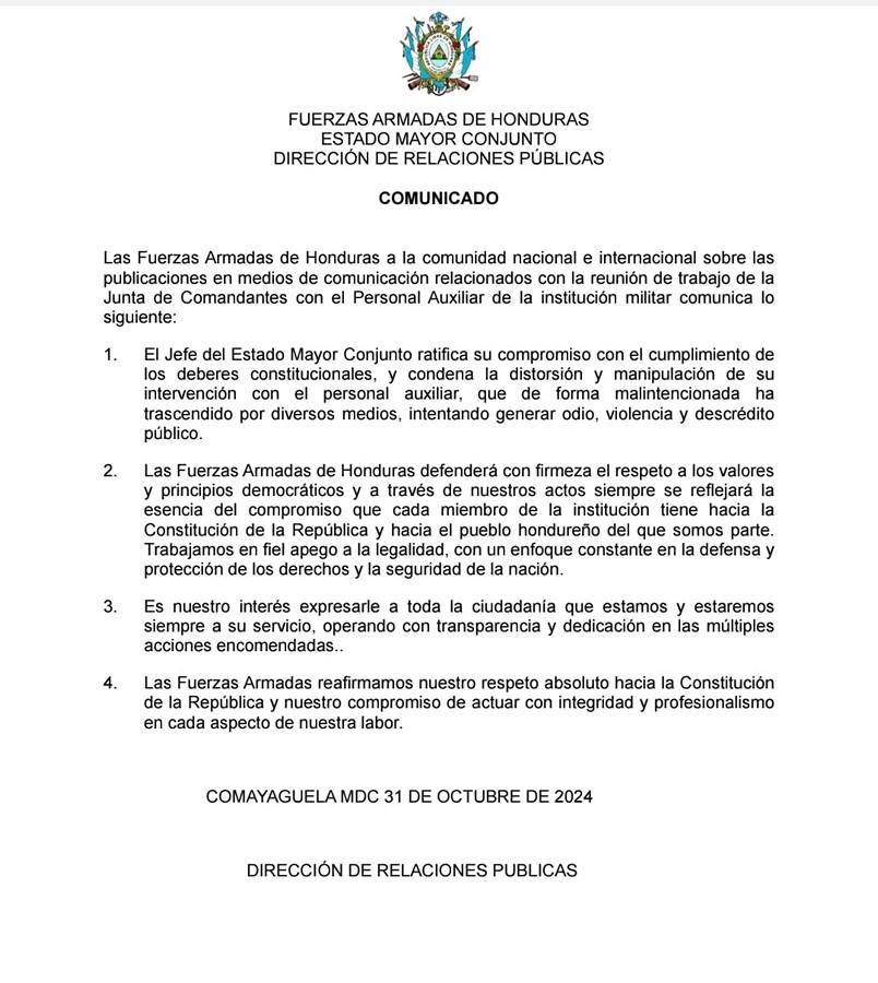 El comunicado de las FFAA con el que Hernández no negó los hechos.