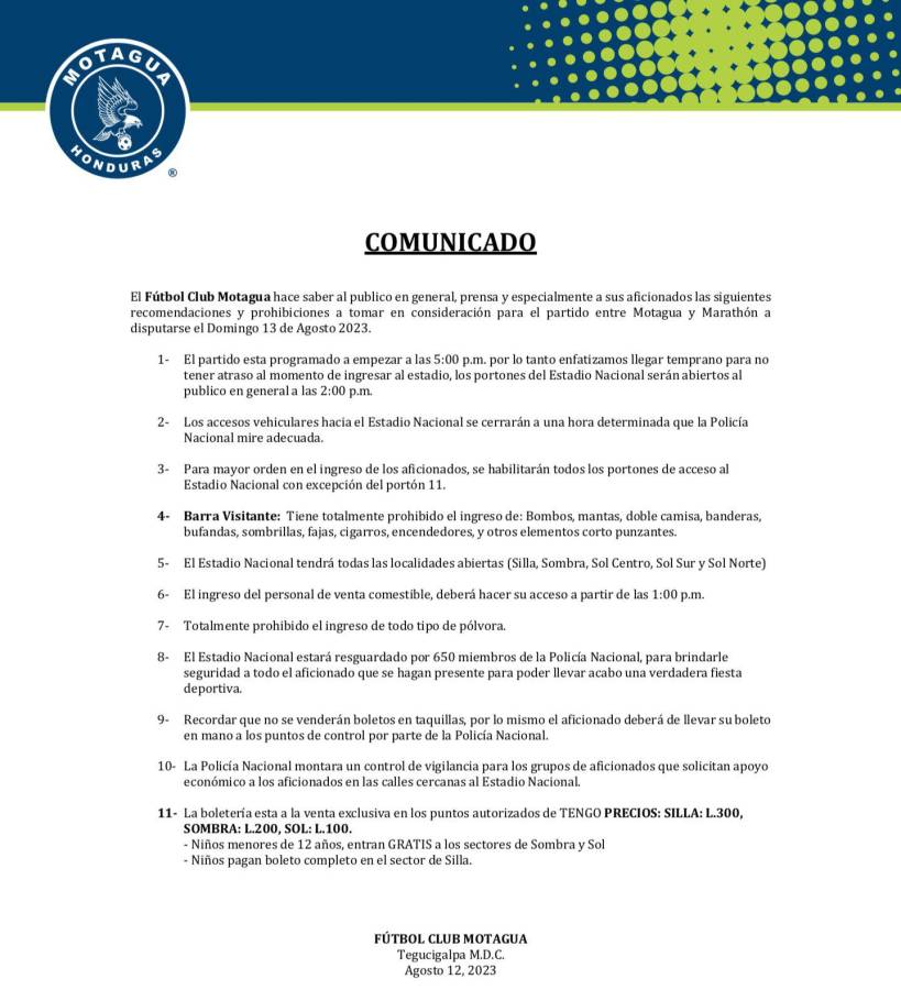 Motagua enlista las 11 prohibiciones para el clásico ante Marathón