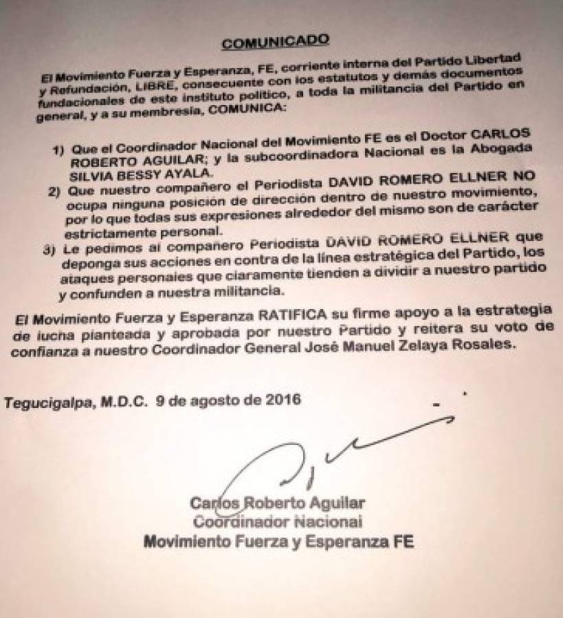 Comunicado íntegro del coordinador nacional del movimiento FE, Carlos Roberto Aguilar.