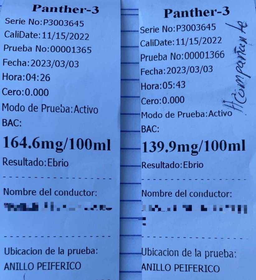 El resultado del conductor y el copiloto fue “Ebrio”, según la prueba de alcoholemia difundida por las autoridades de la DNVT.