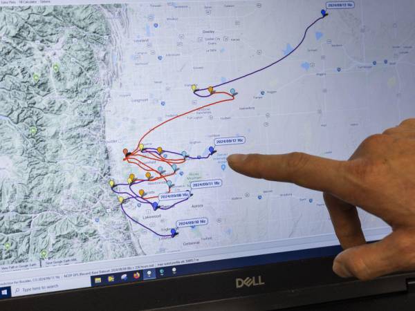 Un mapa que muestra la posible trayectoria de un globo que puede detectar aerosoles, con base en la velocidad del viento.