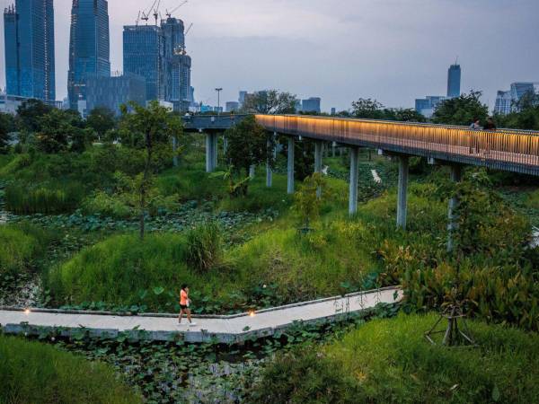 Prosperan árboles y humedales en el Parque Benjakitti de Bangkok, donde antes un gran complejo fabricaba cigarros.