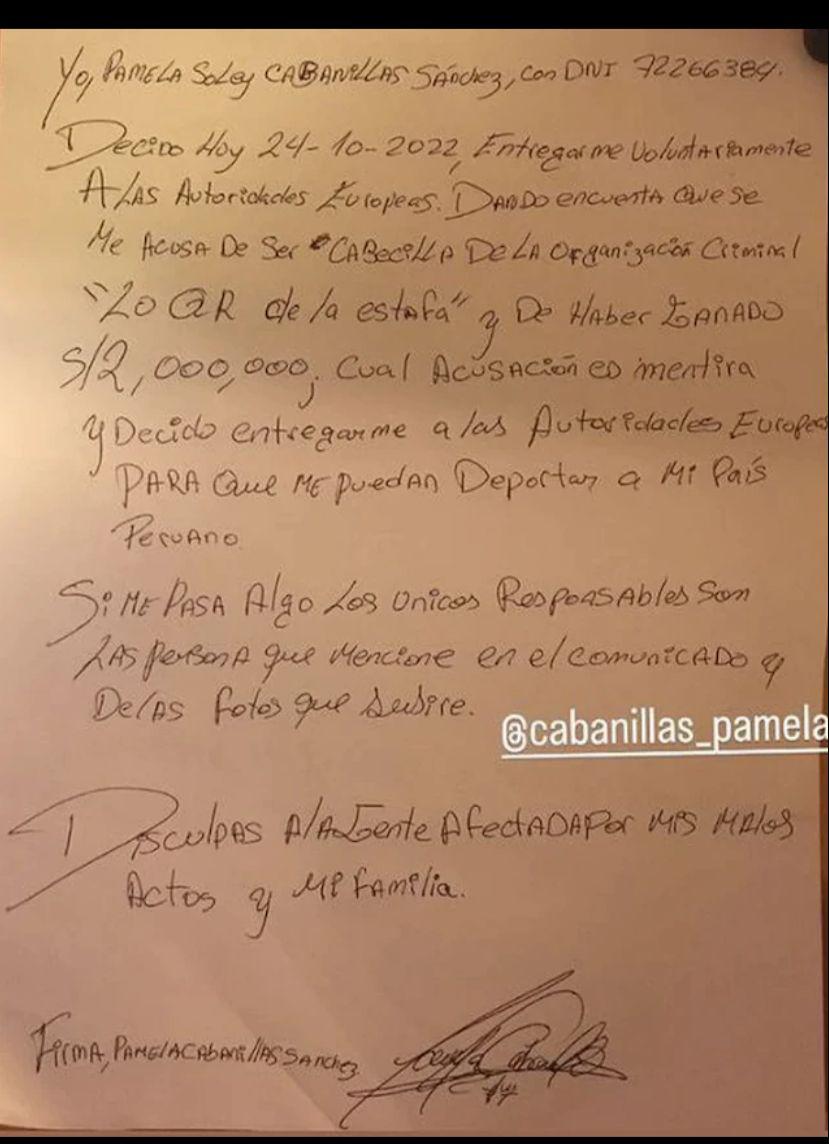 Esta es la carta que Pamela escribió con su puño y letra.