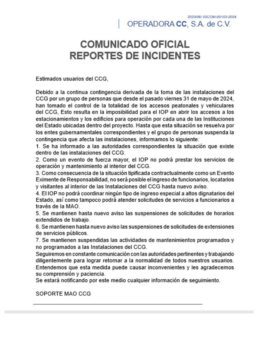 Anuncian suspensión de atenciones y mantenimiento en el CCG por tomas de colectivos de Libre