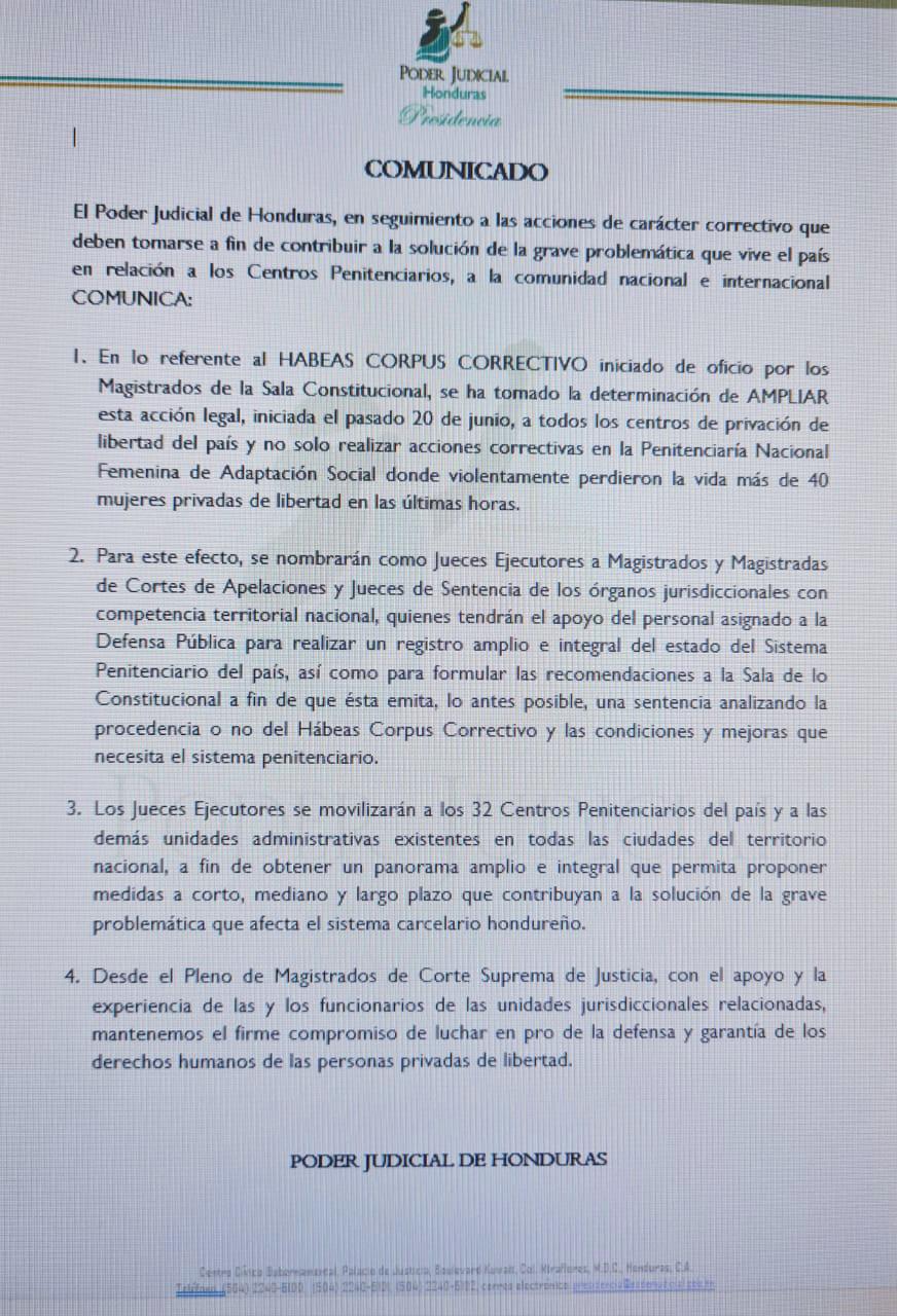 Amplían el habeas corpus correctivo en 32 centros penales de Honduras