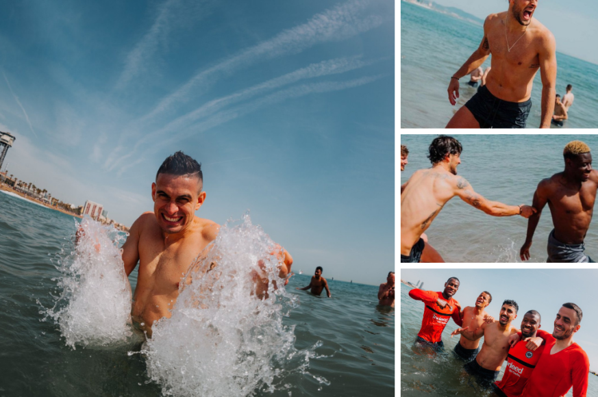 Futbolistas del Eintracht Frankfurt festejan clasificación en la playa de Barcelona