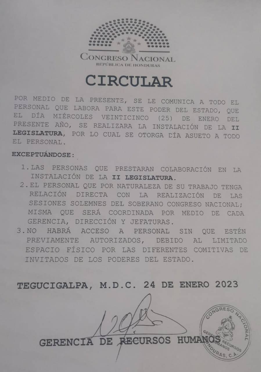 Esta es la circular emitida por el Congreso Nacional.