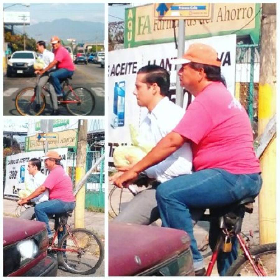 Padre hondureño lleva diariamente en bicicleta a su hijo al trabajo