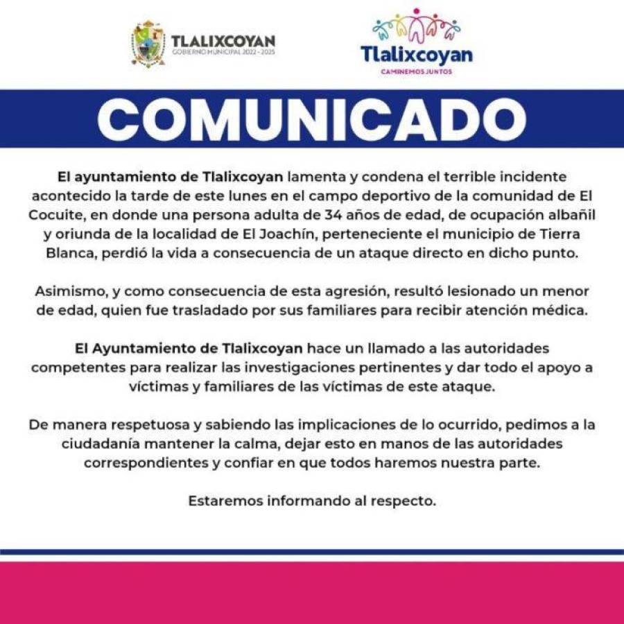 Comunicado del gobierno municipal de Tlalixcoyan.