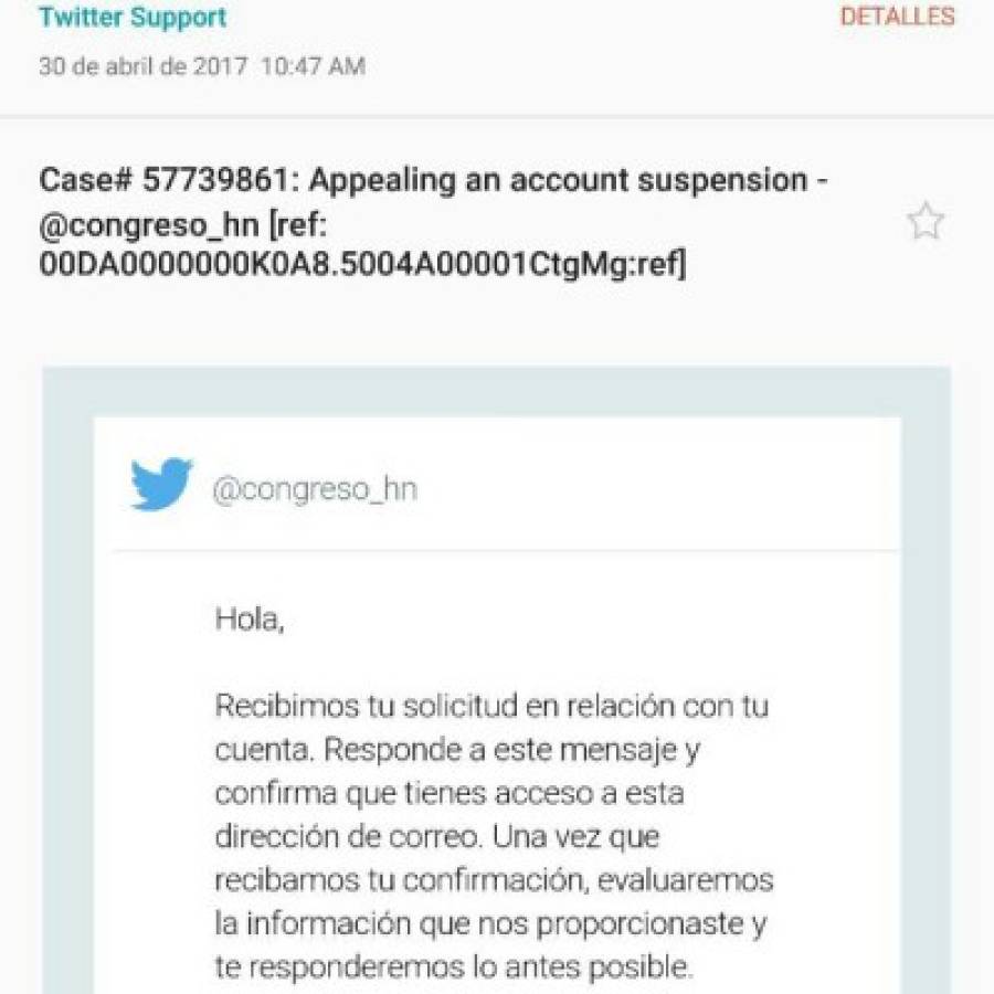 Esta es la solicitud que mandó el área de Infotecnología del Congreso Nacional a Twitter para recuperar su cuenta y la de Mauricio Oliva, foto: Cortesía Congreso Nacional.