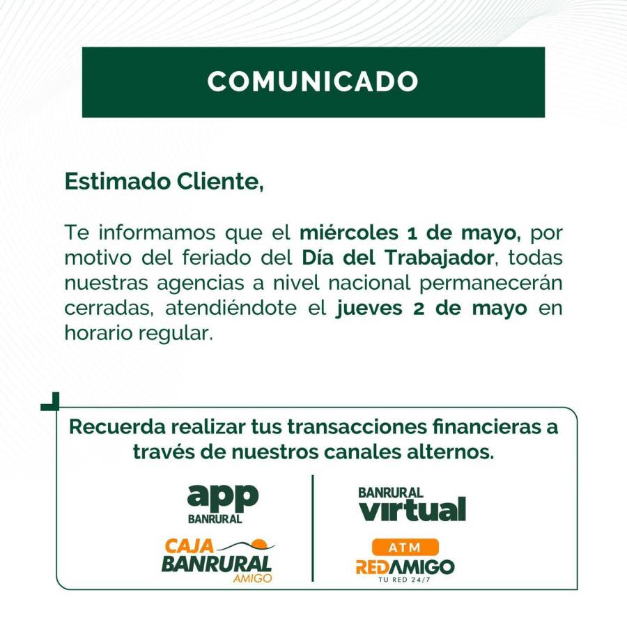 ¿Cuál será el horario de atención en los bancos el Día del Trabajador en Honduras?