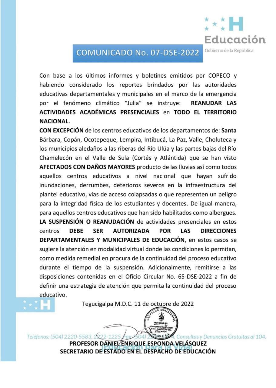 El comunciado emitido por las autoridades de la Secretaría de Educación.