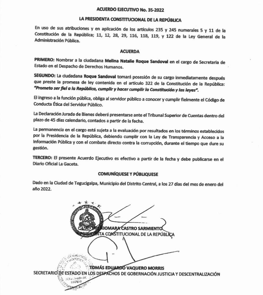 El Acuerdo Ejecutivo 35-2022 establece el nombramiento de Natalie Roque como titular de la Secretaría de Derechos Humanos.