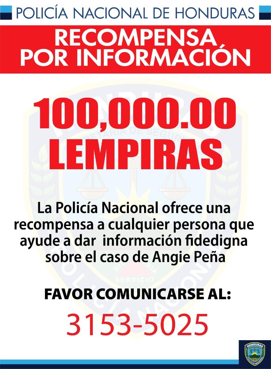 El anuncio de la recompensa ofrecida por la Policía Nacional solicitando información relacionada al caso de Angie Peña.