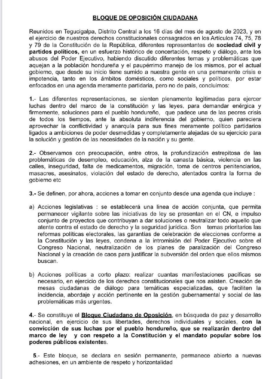 ¿Qué acciones acordó realizar el Bloque de Oposición Ciudadana, la alianza entre Nasralla y los demás partidos de oposición?