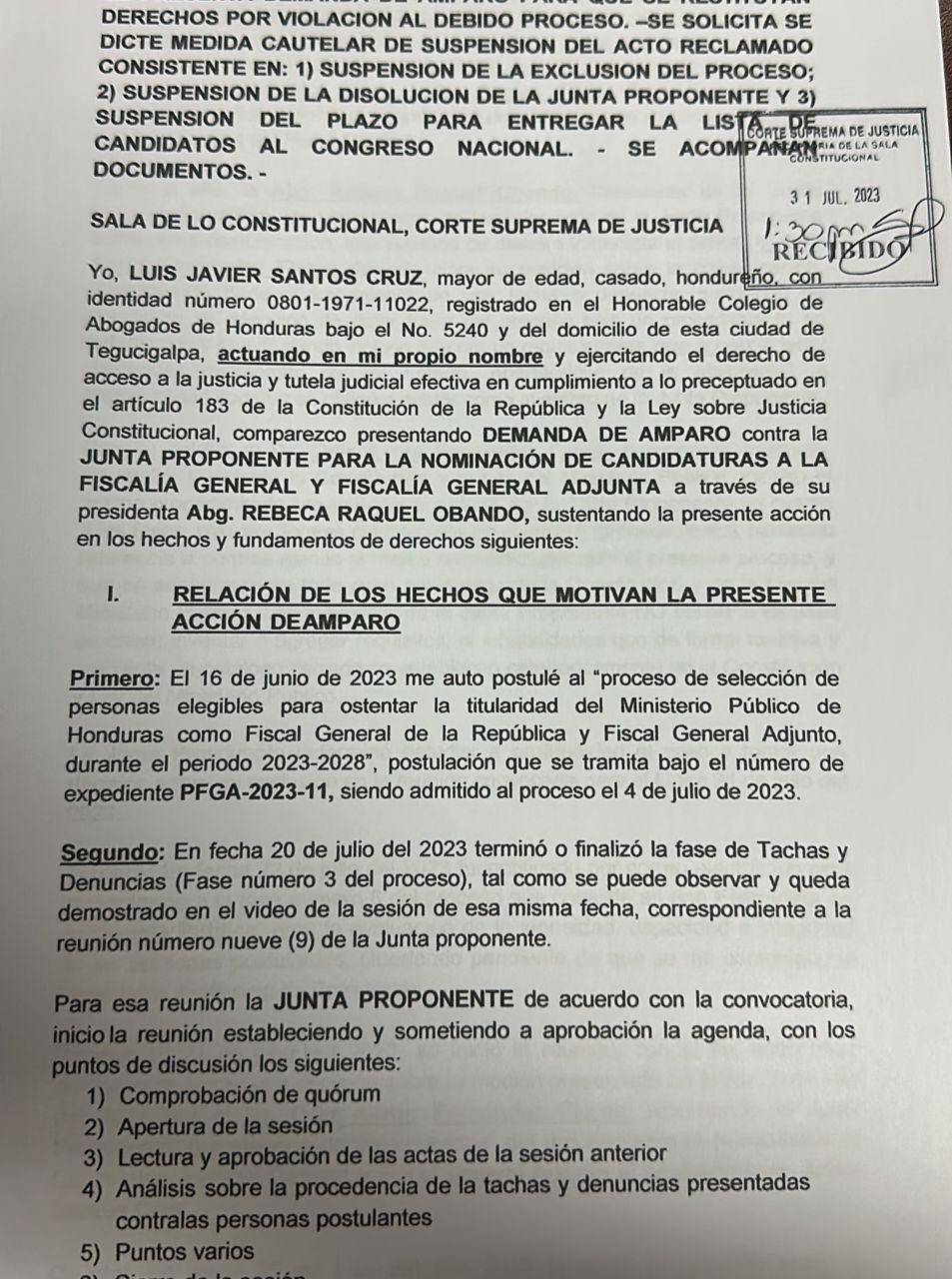 Luis Javier Santos presenta recurso de amparo tras su separación del proceso de elección de fiscales del Estado