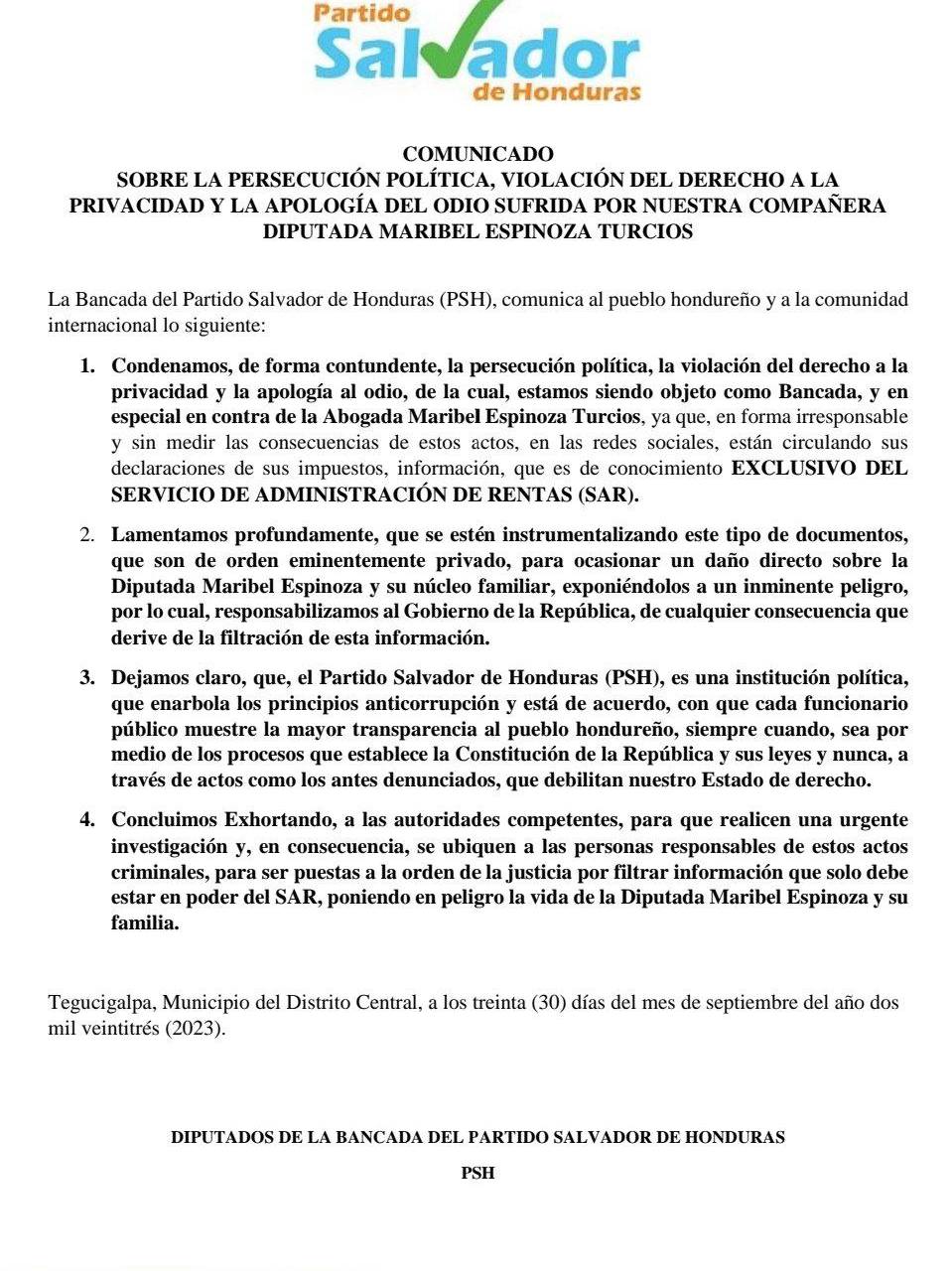 PSH condena la persecución política contra Maribel Espinoza