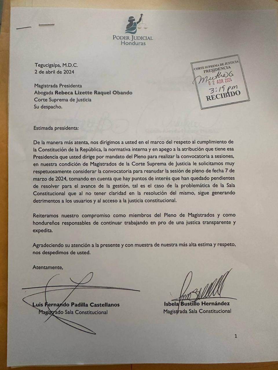 Ocho magistrados solicitan a presidenta de la CSJ reanudar pleno sobre Sala Constitucional