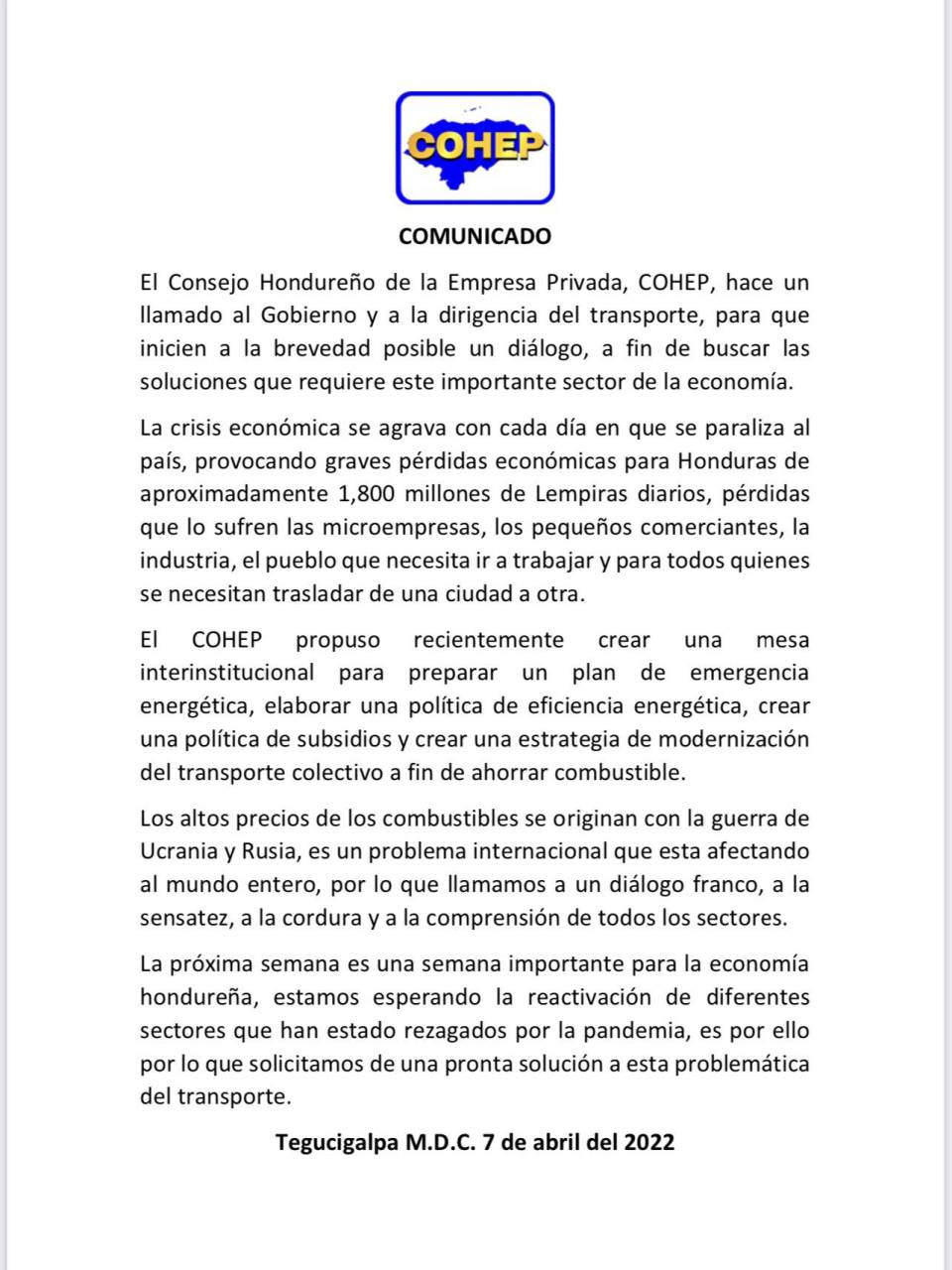 El comunicado emitido por el gremio empresarial.